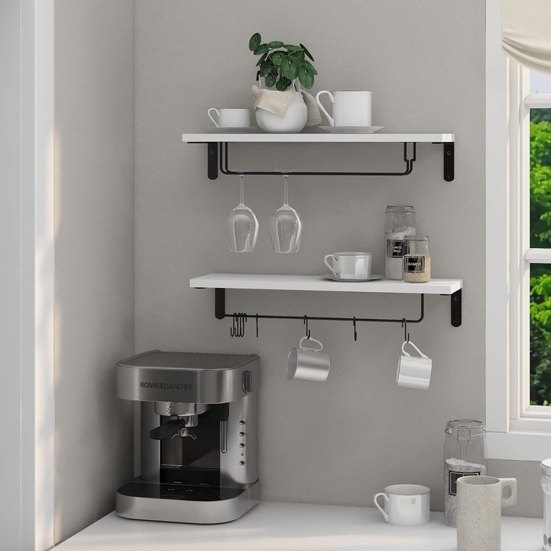 Afuly Coffee Bar Shelf, 20 Inch Wall Mounted Shelves for Mugs & Glasses, Floating Shelves with 8 Hooks, Coffee Cup Wall Holder, Set of 2 - Image 4